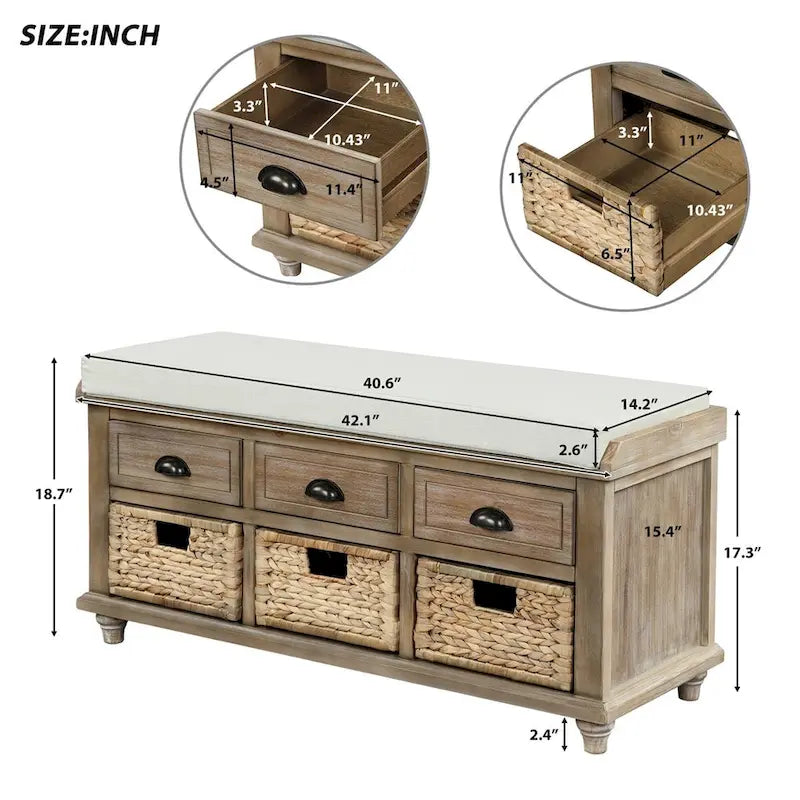3-Drawer Storage Bench with 3 Rattan Baskets