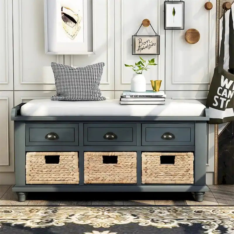 3-Drawer Storage Bench with 3 Rattan Baskets