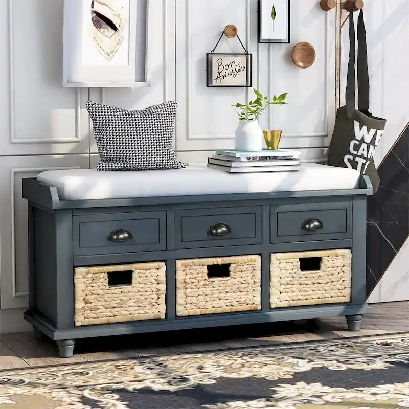 3-Drawer Storage Bench with 3 Rattan Baskets