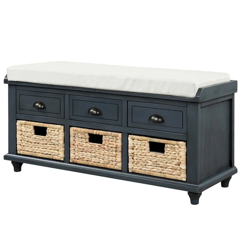 3-Drawer Storage Bench with 3 Rattan Baskets
