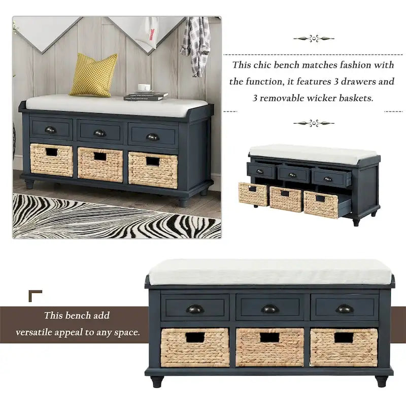 3-Drawer Storage Bench with 3 Rattan Baskets