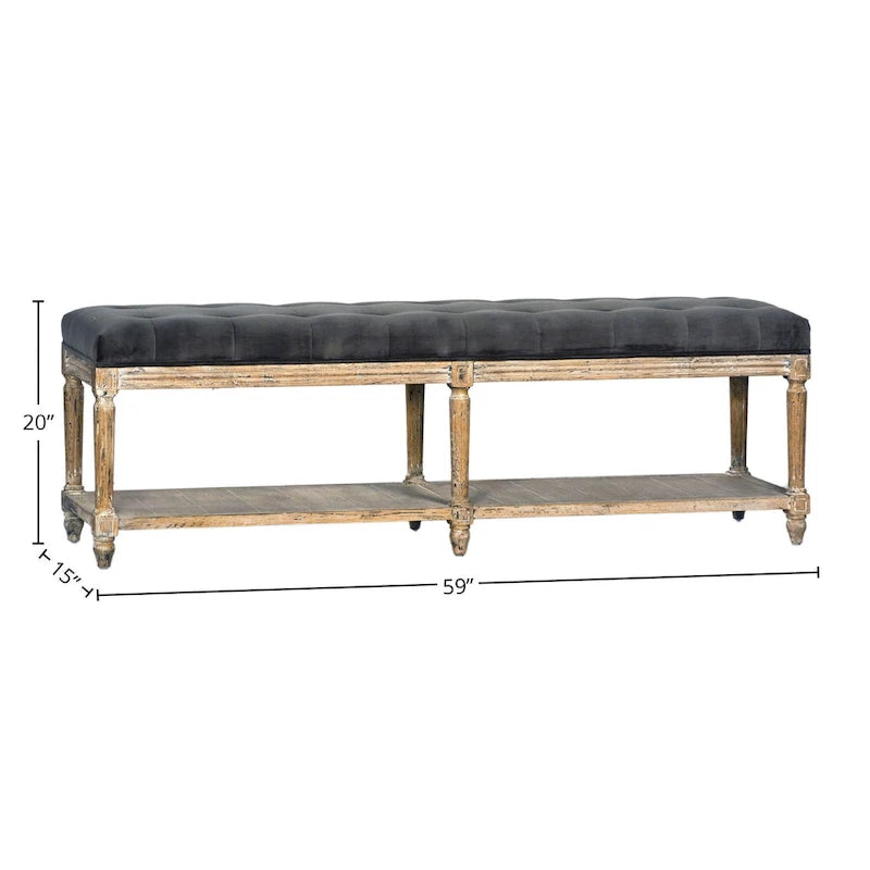 Upholstered Bench with Tufting and Shelf, Charcoal Grey
