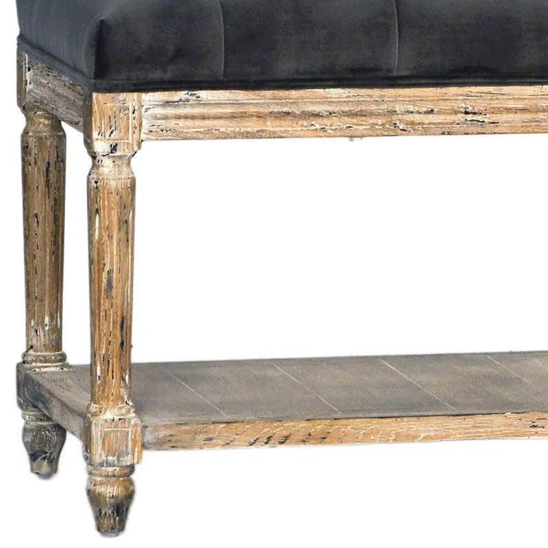 Upholstered Bench with Tufting and Shelf, Charcoal Grey