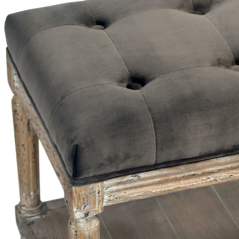 Upholstered Bench with Tufting and Shelf, Charcoal Grey