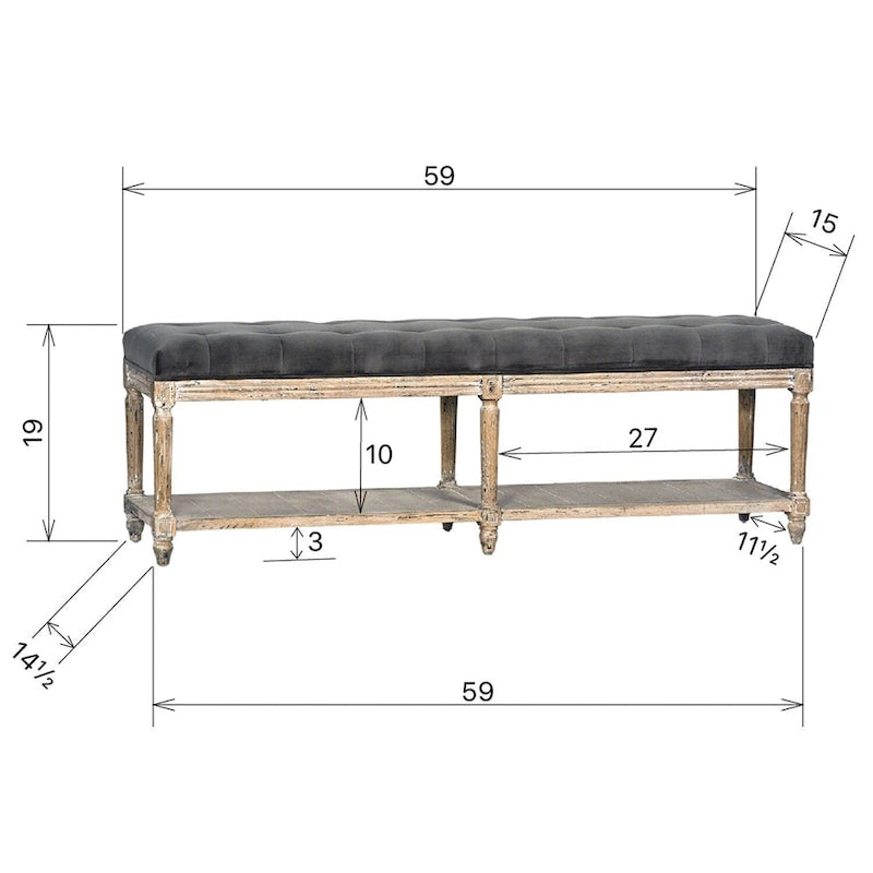 Upholstered Bench with Tufting and Shelf, Charcoal Grey