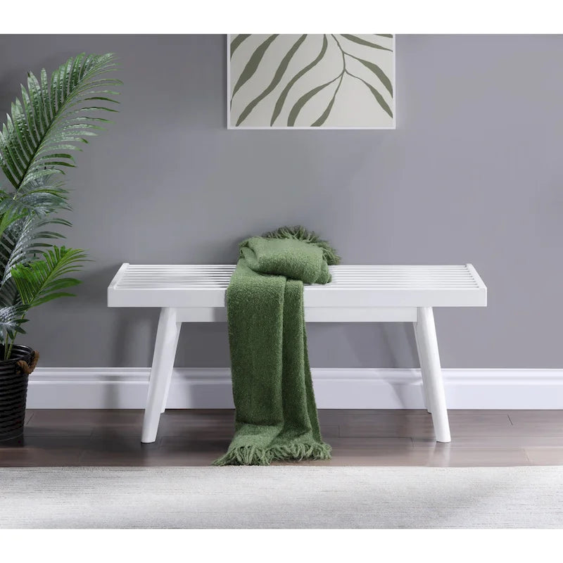 Solid Wood Slatted Bench, White - 41.30W x 16.50D x 17.50H