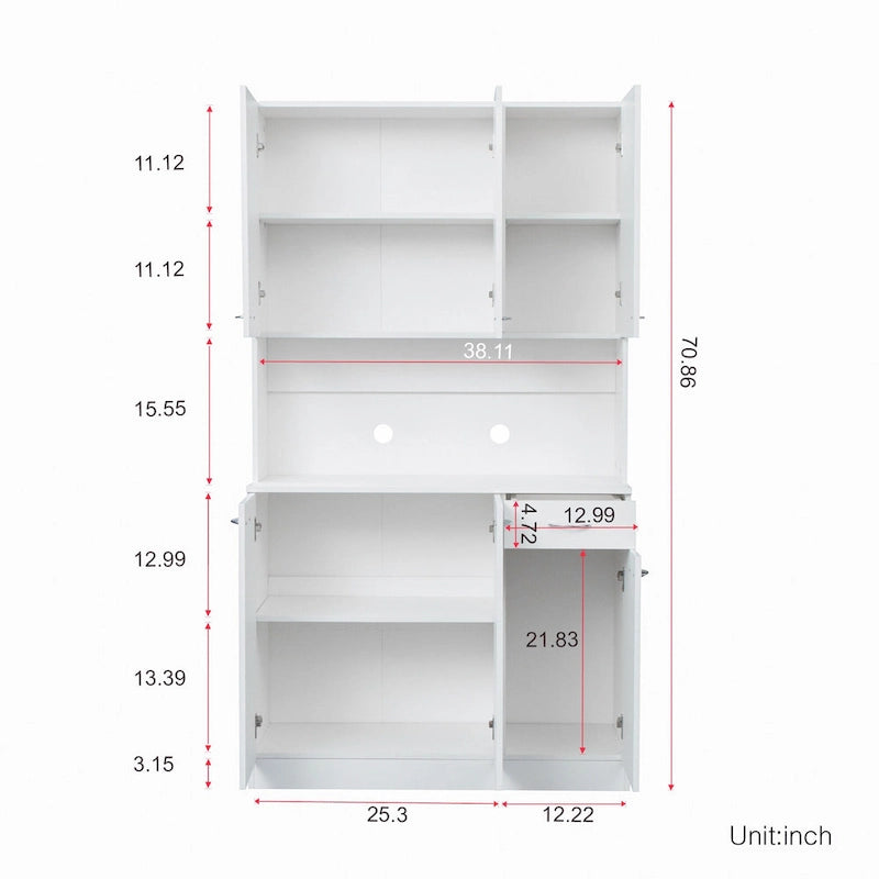 White 71 Tall Kitchen Pantry Buffet Cabinet with 6-Doors, 1-Open Shelves and 1-Drawer - 39.37W x 15.35 D x70.87H