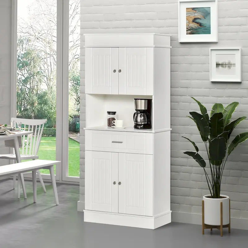 72 Kitchen Buffet with Hutch, Freestanding Pantry Cupboard with Utility Drawer, 2 Door Cabinets and Countertop, Brown