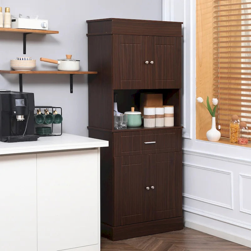 72 Kitchen Buffet with Hutch, Freestanding Pantry Cupboard with Utility Drawer, 2 Door Cabinets and Countertop, Brown