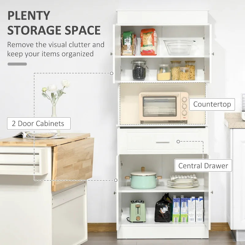 72 Kitchen Buffet with Hutch, Freestanding Pantry Cupboard with Utility Drawer, 2 Door Cabinets and Countertop, Brown