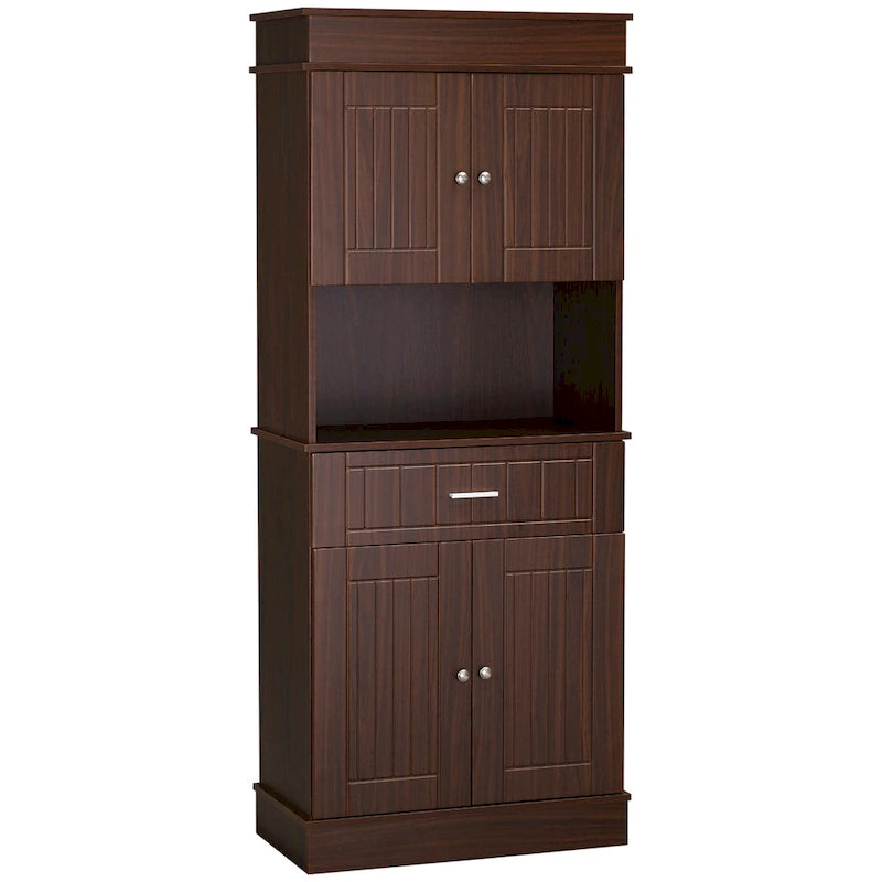 72 Kitchen Buffet with Hutch, Freestanding Pantry Cupboard with Utility Drawer, 2 Door Cabinets and Countertop, Brown