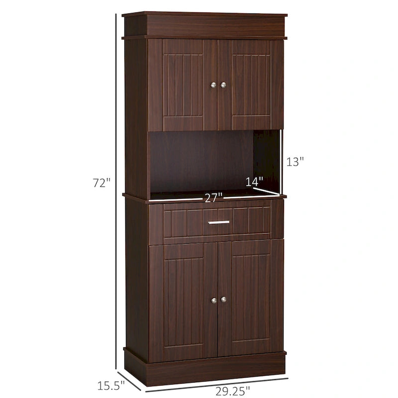 72 Kitchen Buffet with Hutch, Freestanding Pantry Cupboard with Utility Drawer, 2 Door Cabinets and Countertop, Brown
