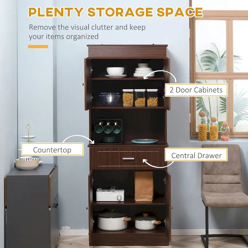 72 Kitchen Buffet with Hutch, Freestanding Pantry Cupboard with Utility Drawer, 2 Door Cabinets and Countertop, Brown