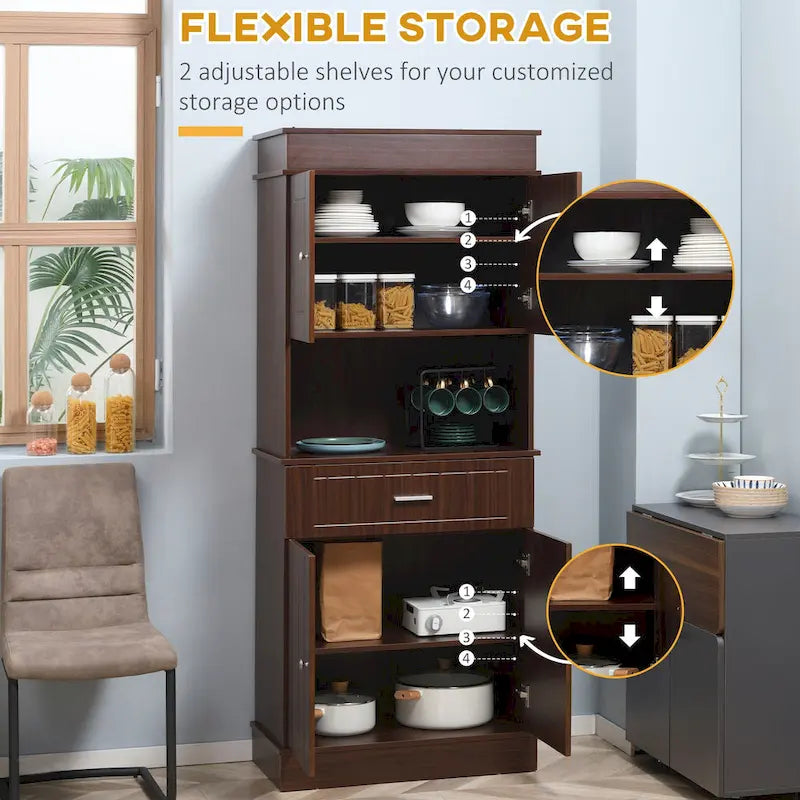 72 Kitchen Buffet with Hutch, Freestanding Pantry Cupboard with Utility Drawer, 2 Door Cabinets and Countertop, Brown