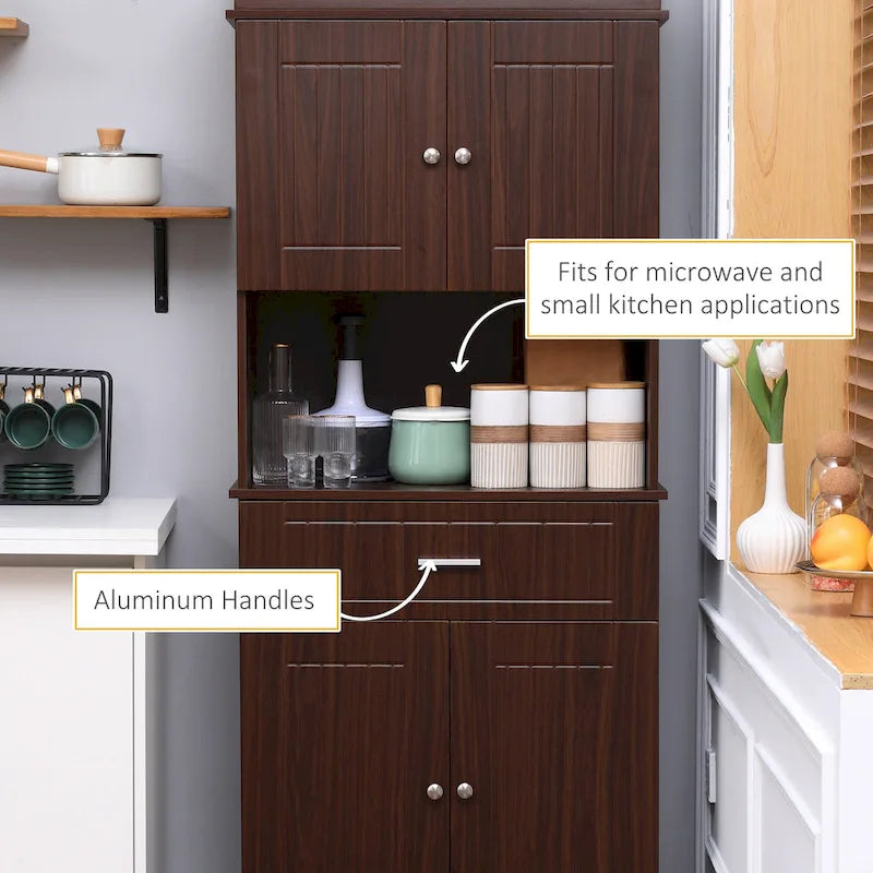 72 Kitchen Buffet with Hutch, Freestanding Pantry Cupboard with Utility Drawer, 2 Door Cabinets and Countertop, Brown
