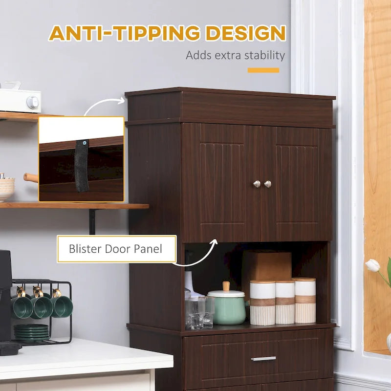 72 Kitchen Buffet with Hutch, Freestanding Pantry Cupboard with Utility Drawer, 2 Door Cabinets and Countertop, Brown