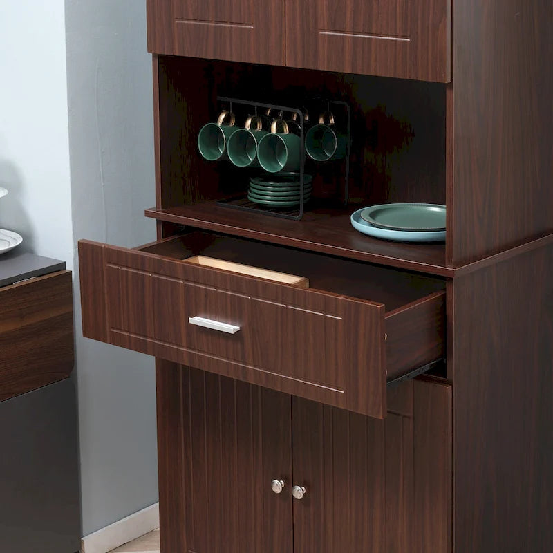 72 Kitchen Buffet with Hutch, Freestanding Pantry Cupboard with Utility Drawer, 2 Door Cabinets and Countertop, Brown