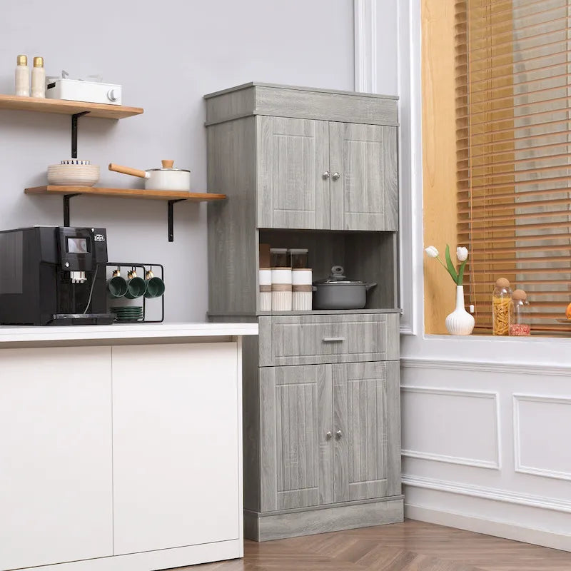 72 Kitchen Buffet with Hutch, Freestanding Pantry Cupboard with Utility Drawer, 2 Door Cabinets and Countertop, Brown