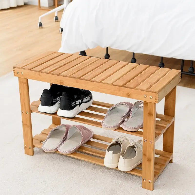 2-Tier Bamboo Shoe Bench Entryway Storage Racks - 27.5L x 11.0W x 18.0H
