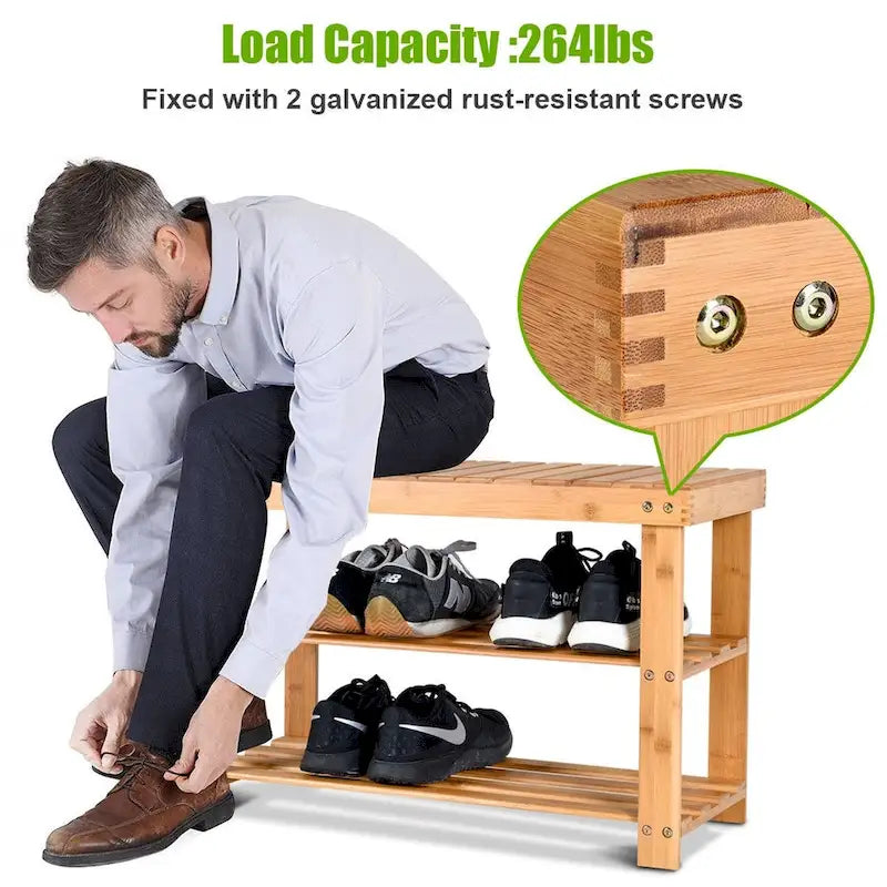 2-Tier Bamboo Shoe Bench Entryway Storage Racks - 27.5L x 11.0W x 18.0H