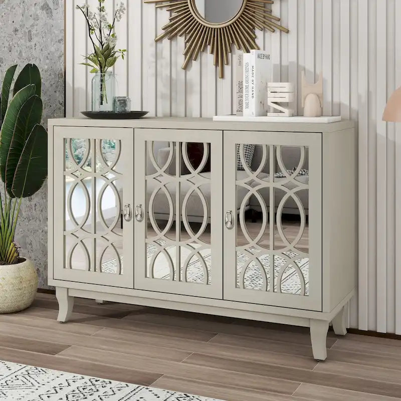 3 Door Mirrored Buffet Cabinet with Silver Handle