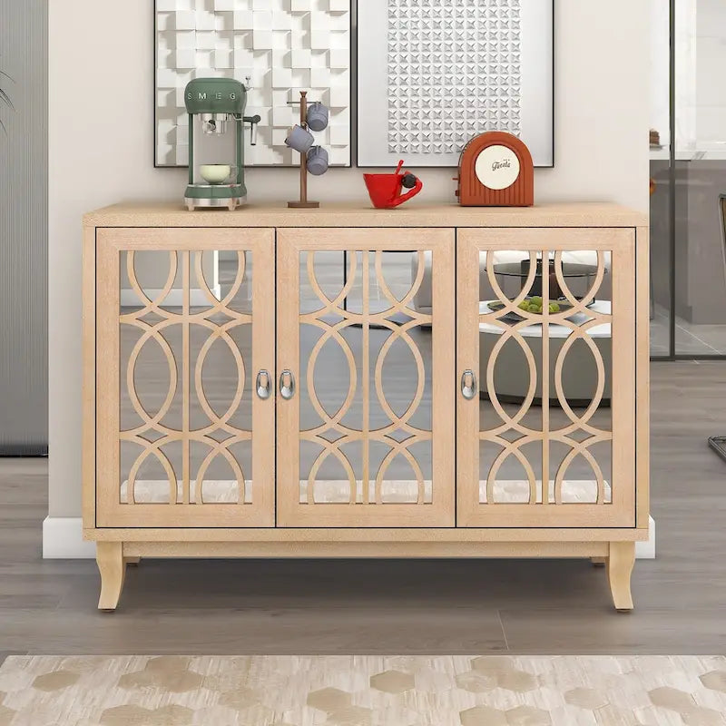 3 Door Mirrored Buffet Cabinet with Silver Handle