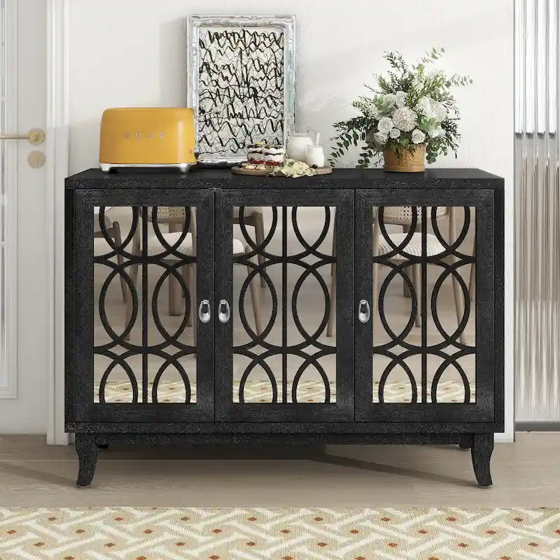 3 Door Mirrored Buffet Cabinet with Silver Handle