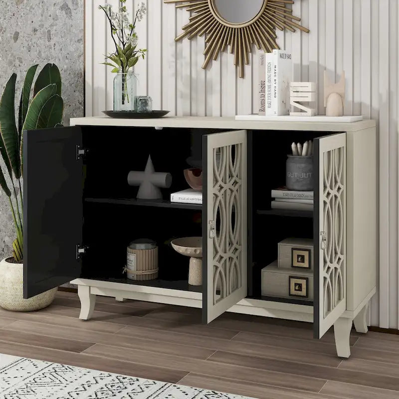 3 Door Mirrored Buffet Cabinet with Silver Handle