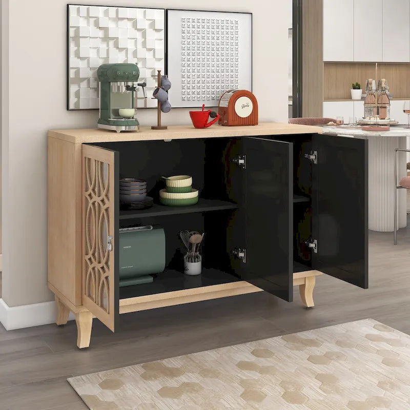 3 Door Mirrored Buffet Cabinet with Silver Handle