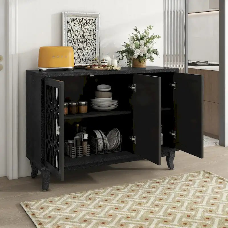 3 Door Mirrored Buffet Cabinet with Silver Handle