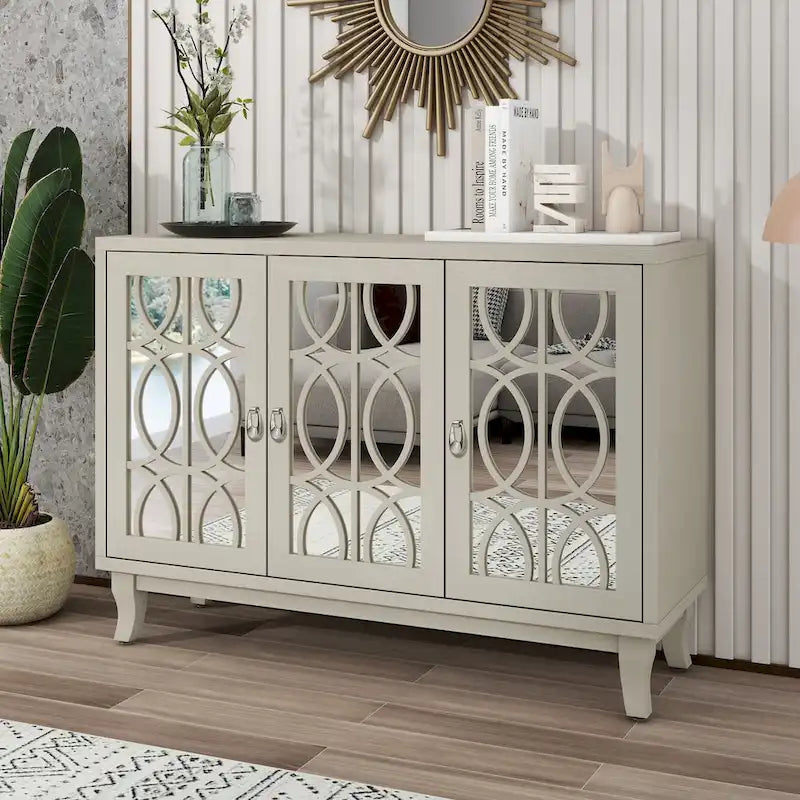 3 Door Mirrored Buffet Cabinet with Silver Handle