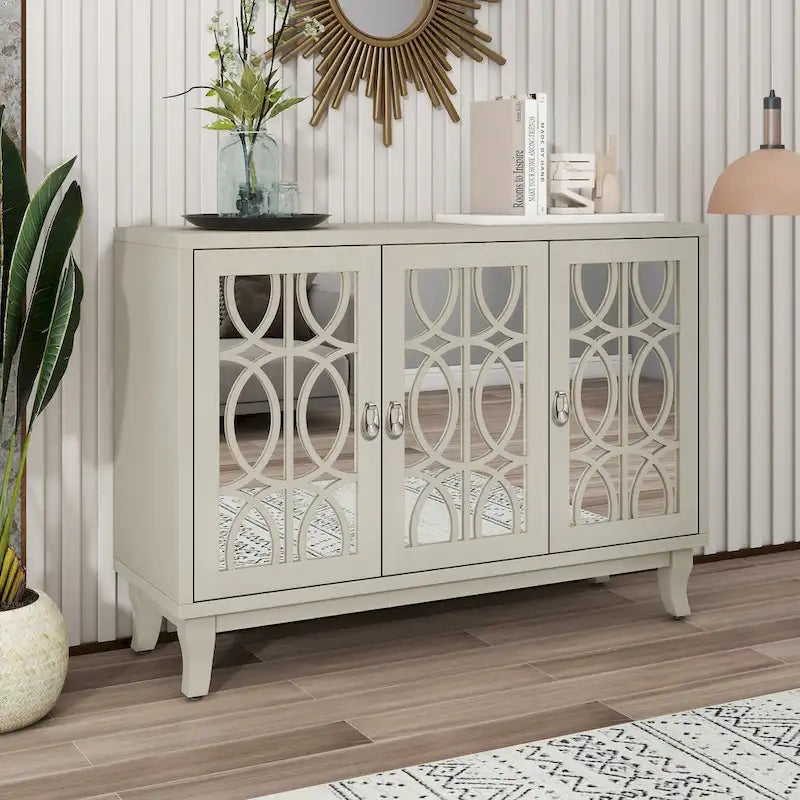 3 Door Mirrored Buffet Cabinet with Silver Handle
