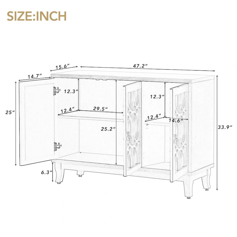 3 Door Mirrored Buffet Cabinet with Silver Handle