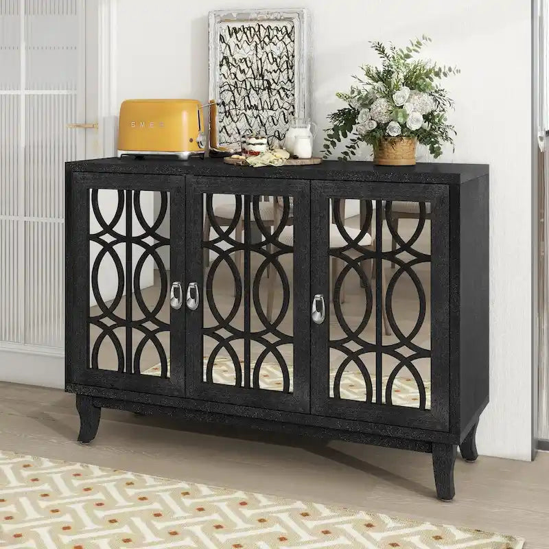 3 Door Mirrored Buffet Cabinet with Silver Handle