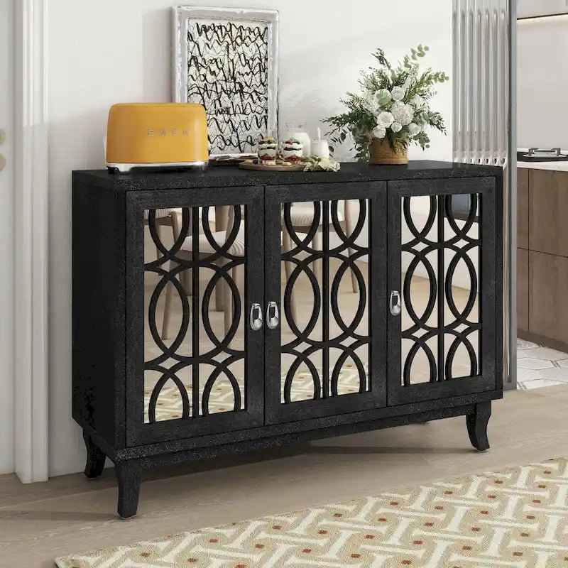 3 Door Mirrored Buffet Cabinet with Silver Handle