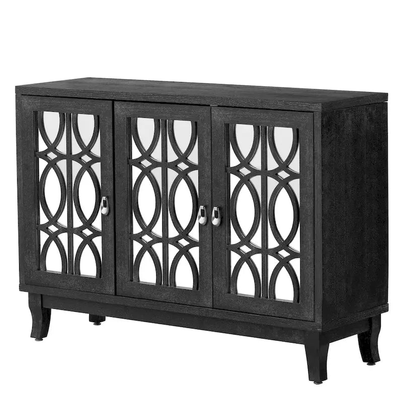 3 Door Mirrored Buffet Cabinet with Silver Handle
