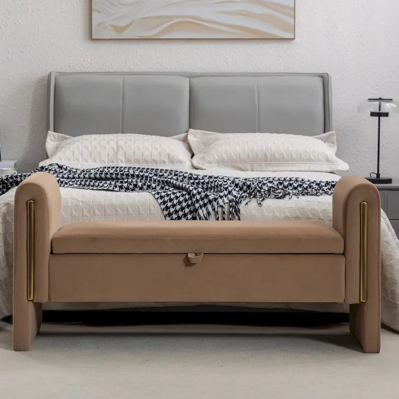 Teddy Fabric Storage Bench Bedroom Bench With Gold Metal Trim Strip For Living Room Bedroom Indoor