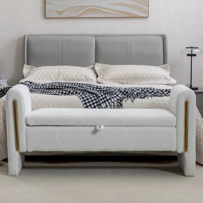 Teddy Fabric Storage Bench Bedroom Bench With Gold Metal Trim Strip For Living Room Bedroom Indoor