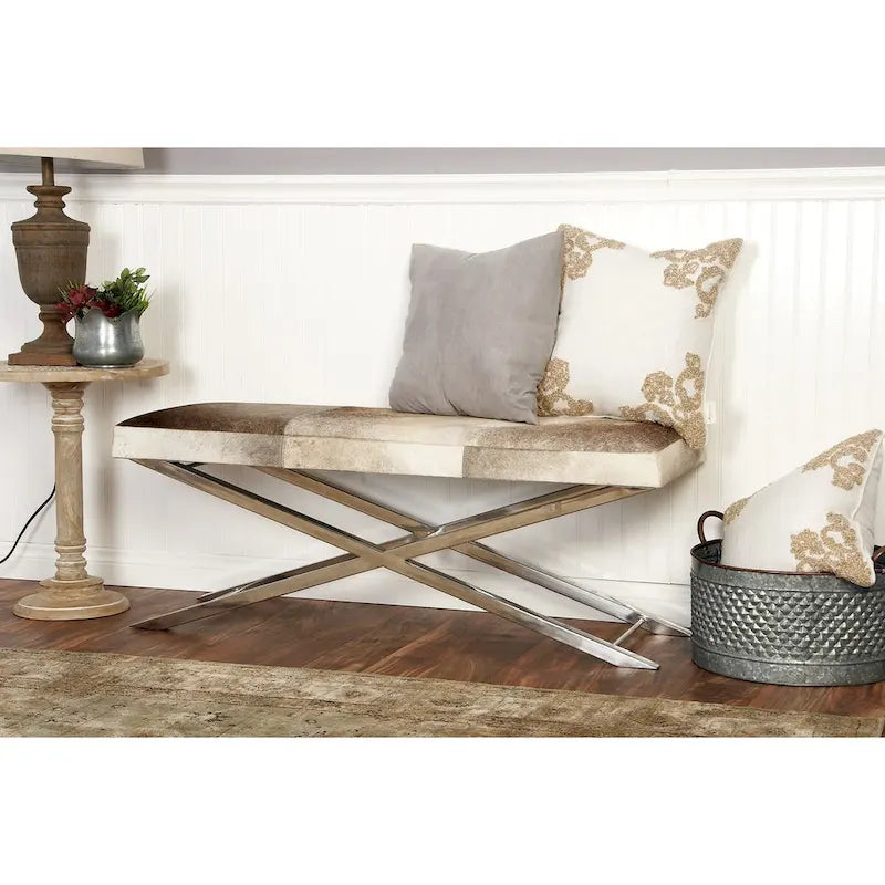 Leather Bench or Round Stool with Silver X-Shaped Stainless Steel Base — Beige or Gray