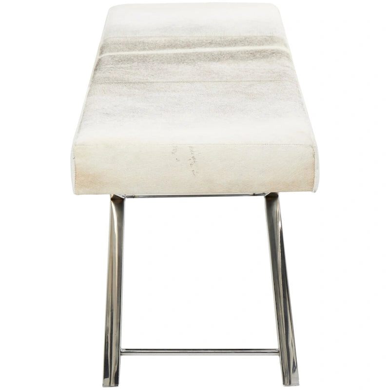 Leather Bench or Round Stool with Silver X-Shaped Stainless Steel Base — Beige or Gray
