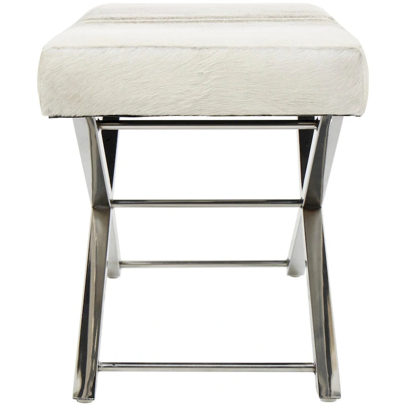 Leather Bench or Round Stool with Silver X-Shaped Stainless Steel Base — Beige or Gray
