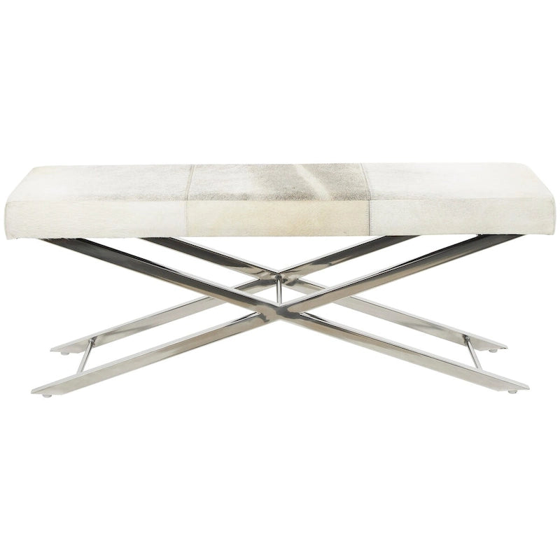 Leather Bench or Round Stool with Silver X-Shaped Stainless Steel Base — Beige or Gray