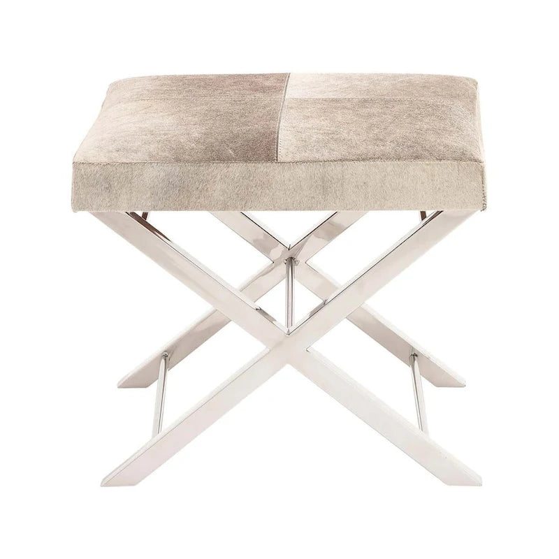 Leather Bench or Round Stool with Silver X-Shaped Stainless Steel Base — Beige or Gray