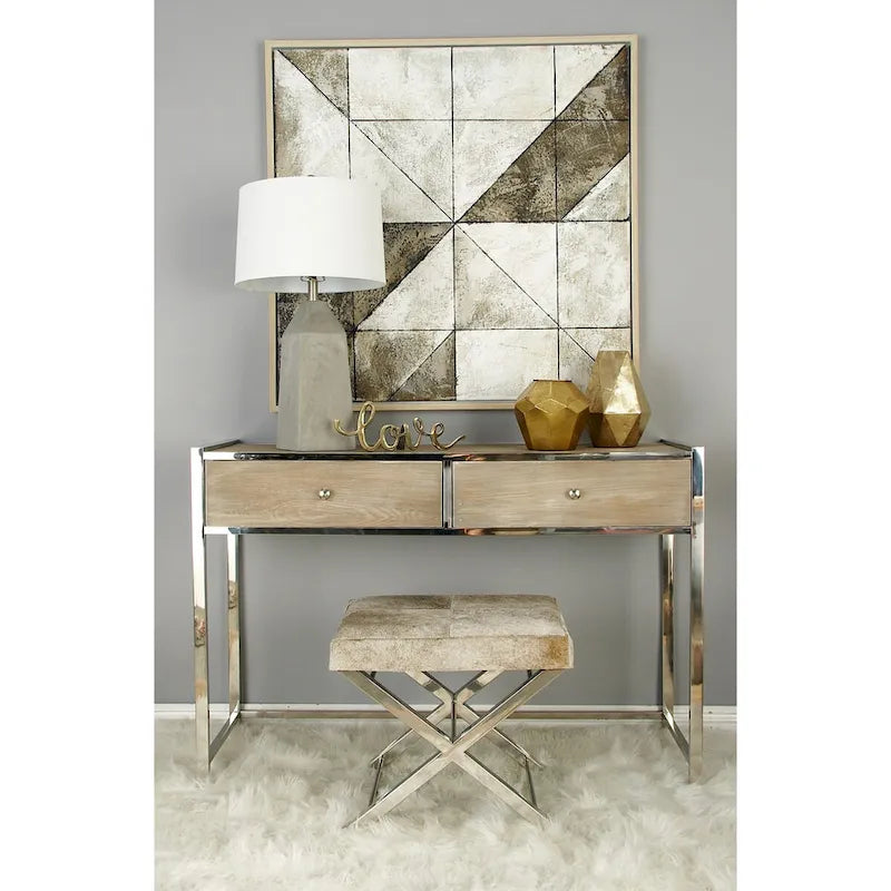 Leather Bench or Round Stool with Silver X-Shaped Stainless Steel Base — Beige or Gray
