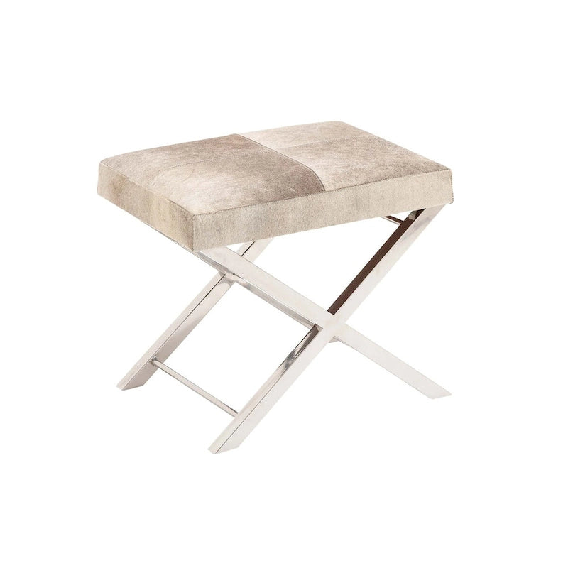 Leather Bench or Round Stool with Silver X-Shaped Stainless Steel Base — Beige or Gray