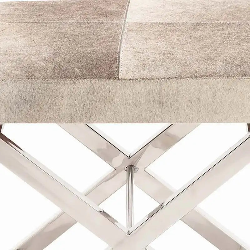 Leather Bench or Round Stool with Silver X-Shaped Stainless Steel Base — Beige or Gray