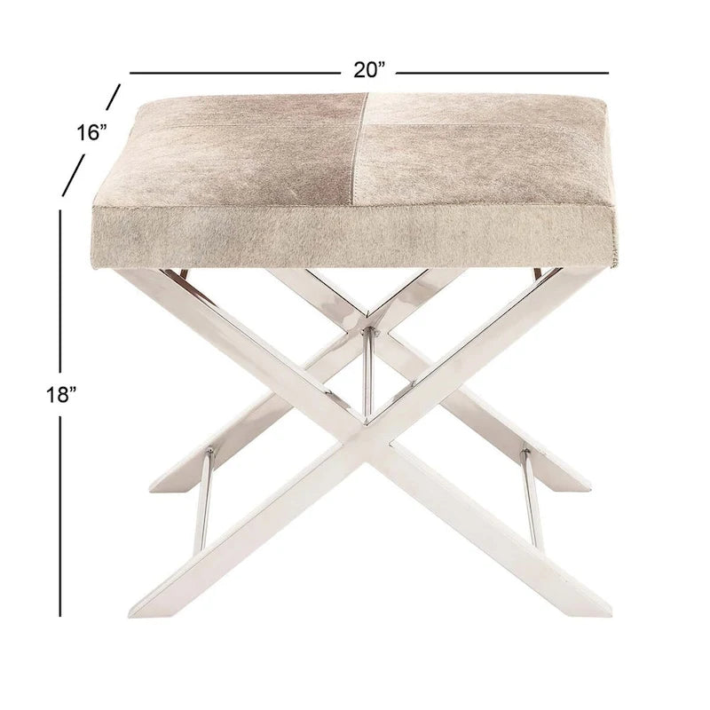 Leather Bench or Round Stool with Silver X-Shaped Stainless Steel Base — Beige or Gray