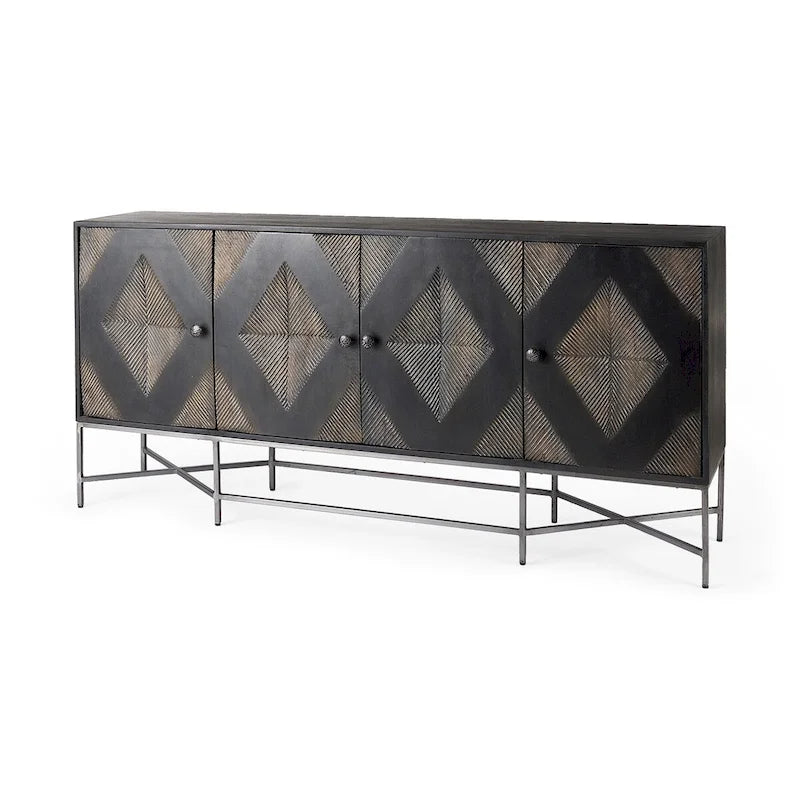 Two-Tone Brown Solid Wood Base Silver Frame 4 Cabinet Sideboard