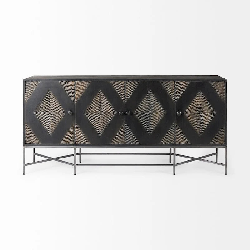 Two-Tone Brown Solid Wood Base Silver Frame 4 Cabinet Sideboard