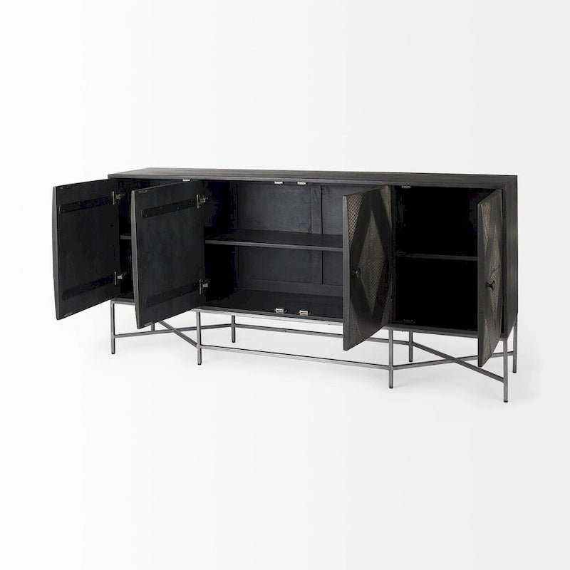 Two-Tone Brown Solid Wood Base Silver Frame 4 Cabinet Sideboard
